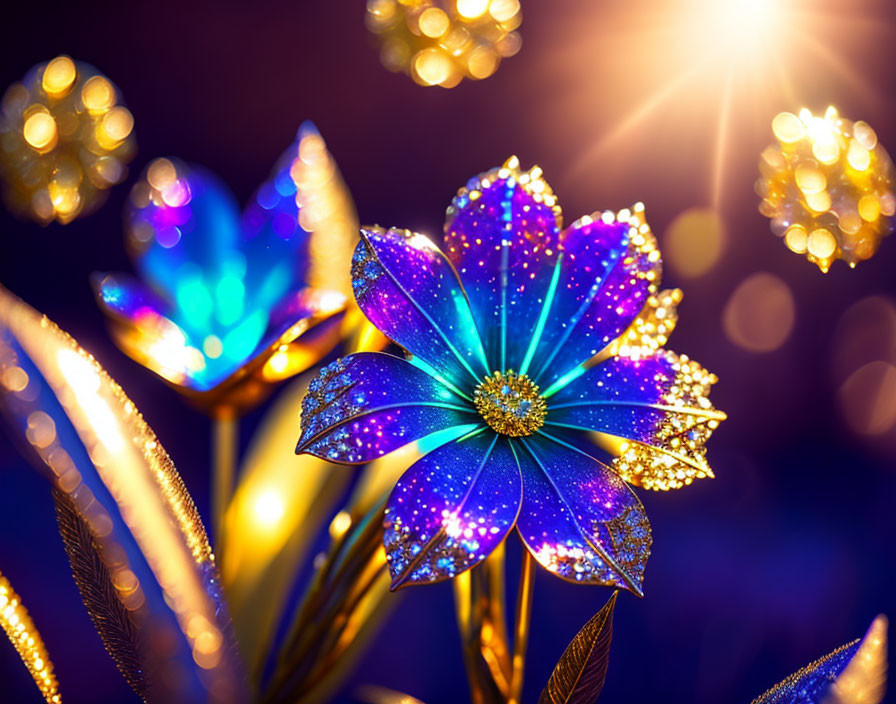 Colorful Digital Illustration: Blue Flower with Sparkling Petals on Bokeh Background
