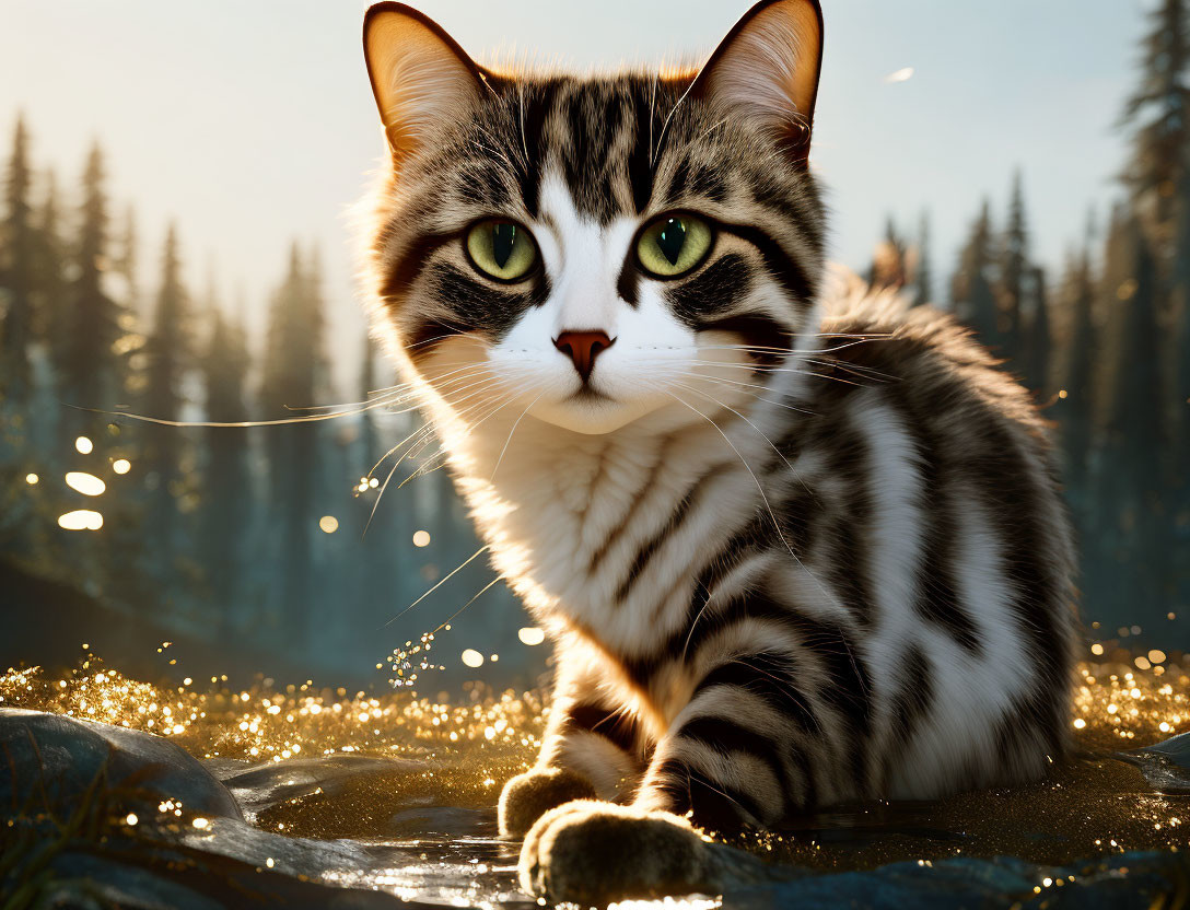 Tabby cat with green eyes in sunlight near water and forest.