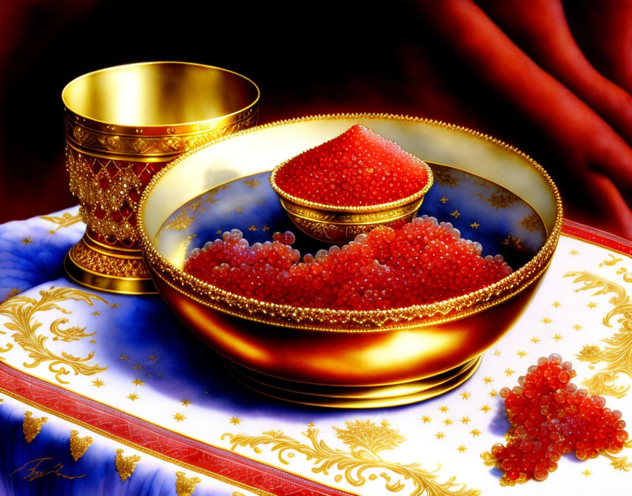 Opulent Golden Tableware with Red Caviar on Blue and White Cloth