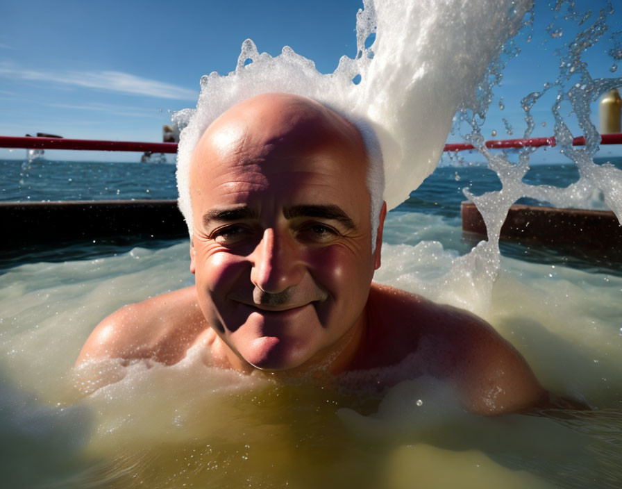 Man smiling submerged in water with rabbit ears splash
