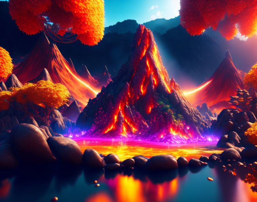 Colorful Fantasy Landscape with Purple River, Lava Mountain, and Orange Trees