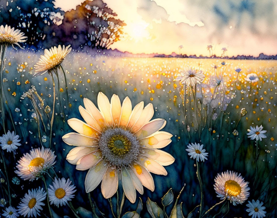 Sunset field with daisies in watercolor art