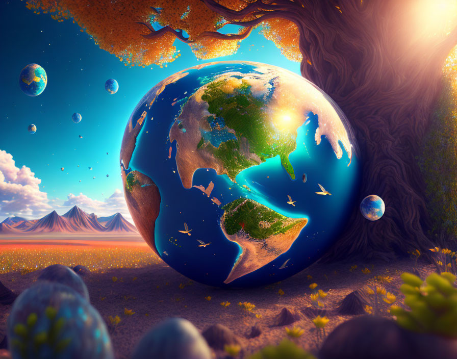 Detailed Earth Artwork with Bubbles Under Tree on Alien Terrain