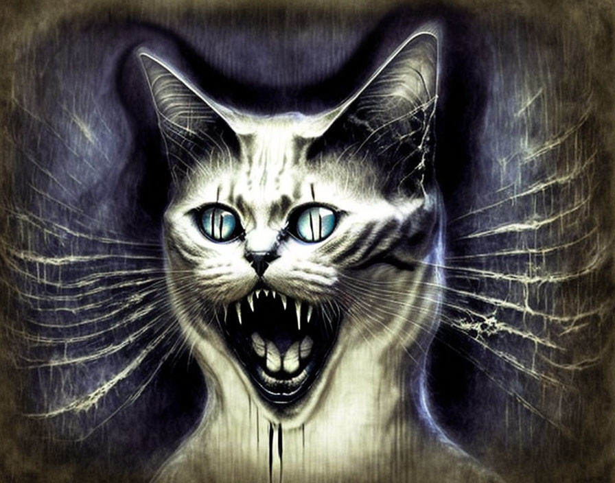 Aggressive cat digital artwork with sharp teeth and blue eyes