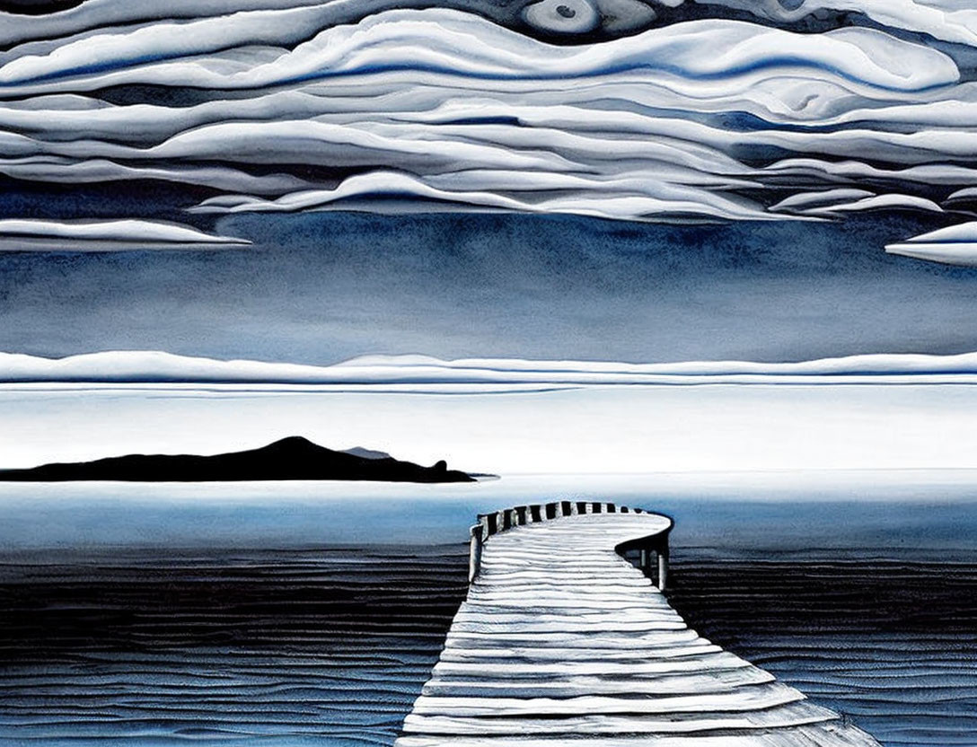Stylized painting of long pier, island, dramatic sky, swirling clouds