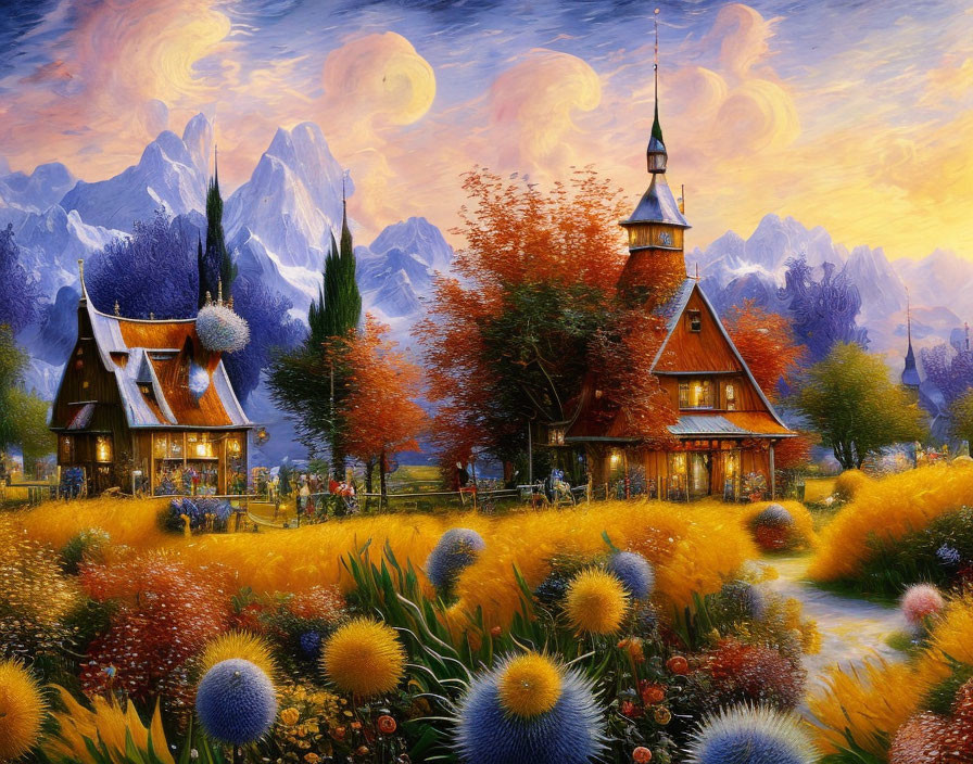 Scenic village painting with colorful houses, mountains, and sunset sky