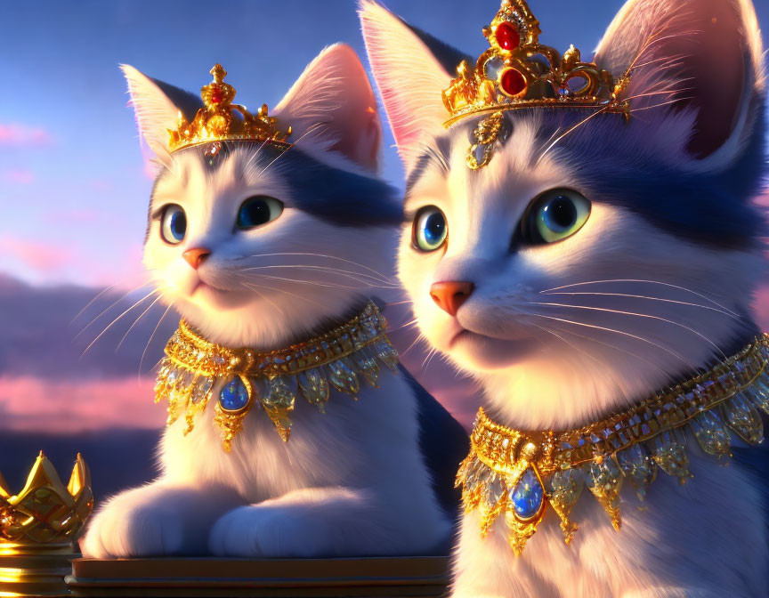 Regal animated cats with golden crowns and jewelry under twilight sky