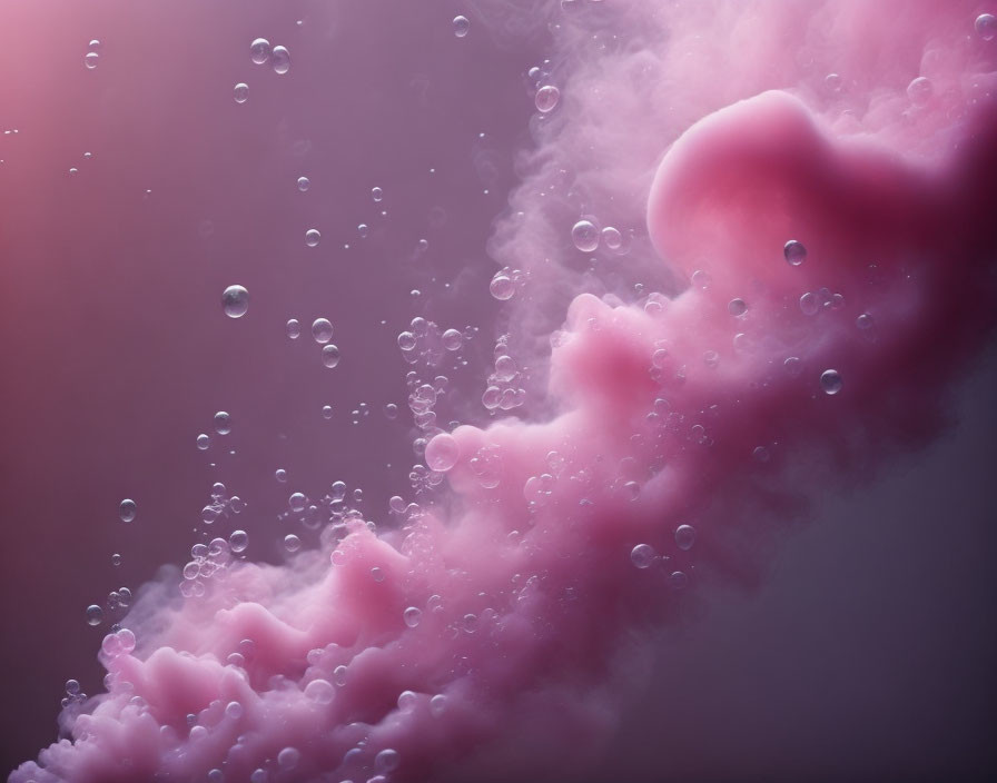 Pink clouds and floating bubbles on gradient background