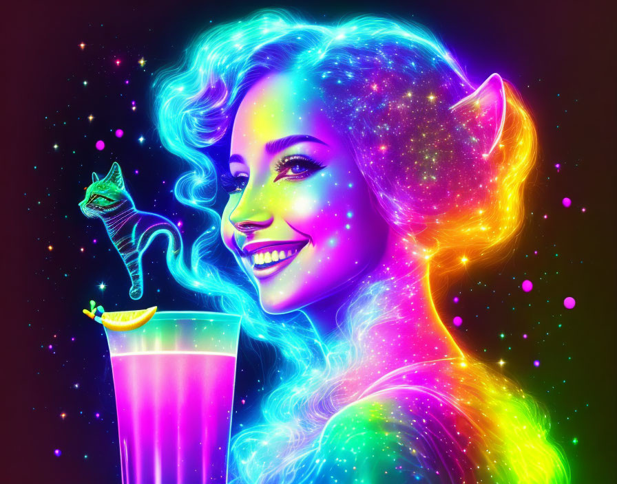Colorful digital artwork: Woman with neon hair and cat glass in cosmic background