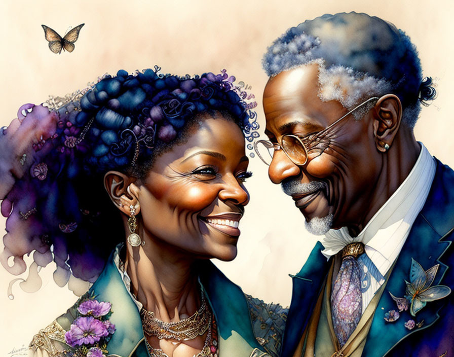 Illustrated portrait of smiling older couple with woman on left, man on right, jewelry, butterfly motif
