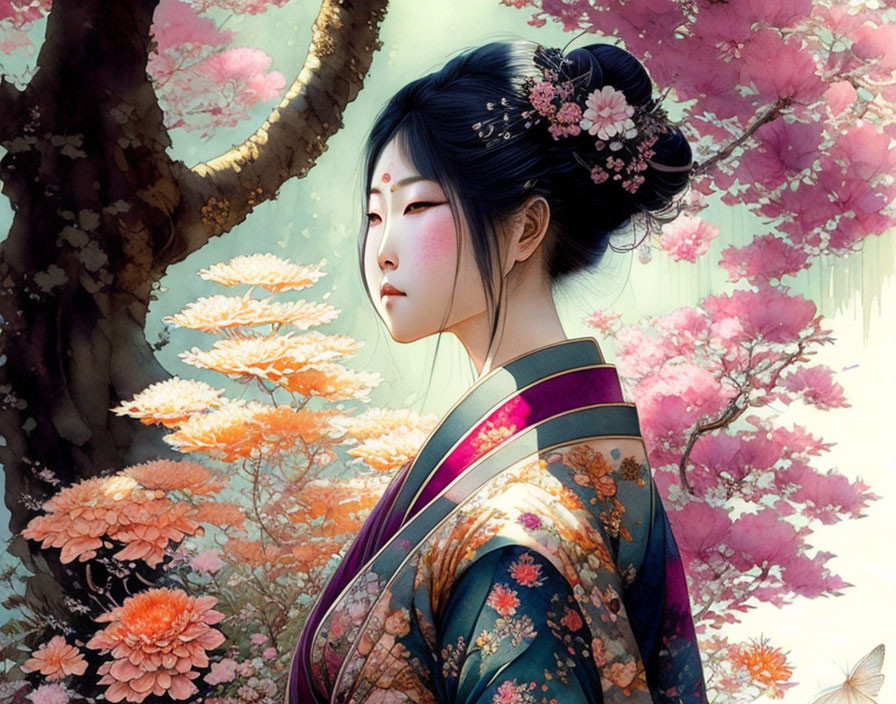 Detailed Illustration: Woman in Japanese Attire with Cherry Blossoms