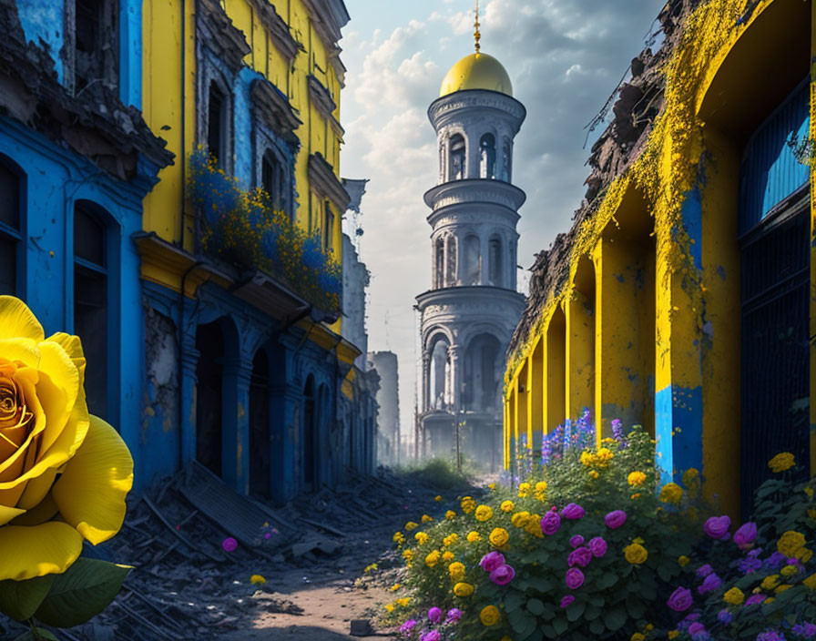 Digitally altered image: Vibrant flowers in desolate street, old buildings, dilapidated bell