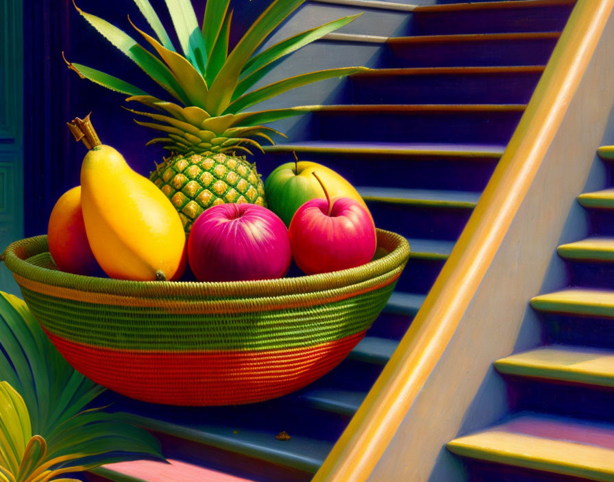 Colorful Fruit Bowl Still Life on Staircase with Pineapple, Mango, Apples, and