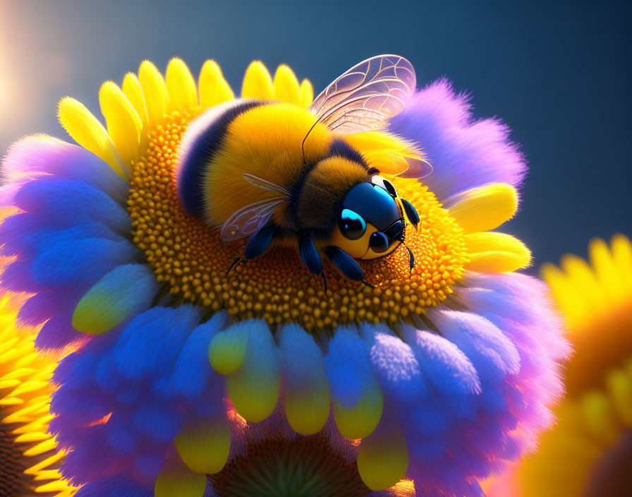 Vibrant 3D bee on yellow sunflower with blue background