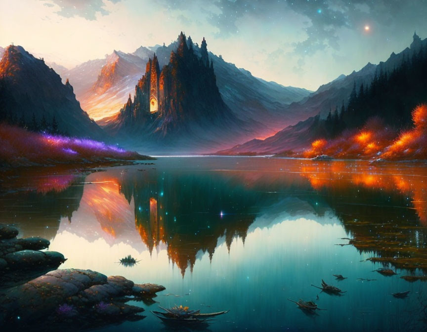 Tranquil lake with colorful trees, distant castle, mountains, and starlit sky at dusk