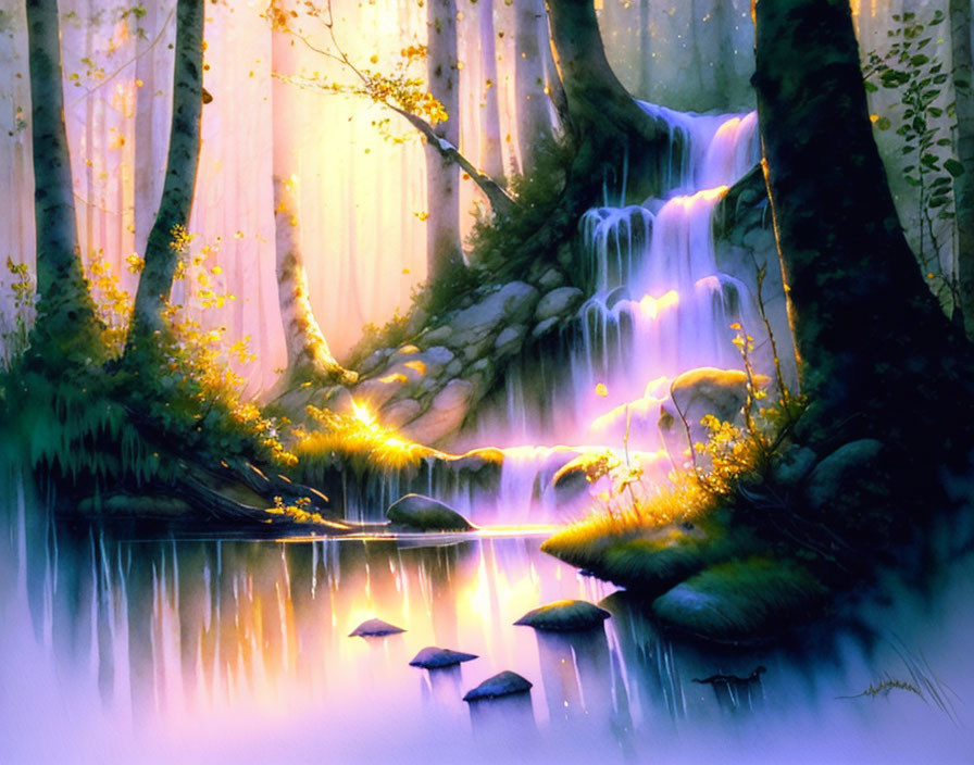 Tranquil waterfall in mystical forest with sunlight filtering through trees