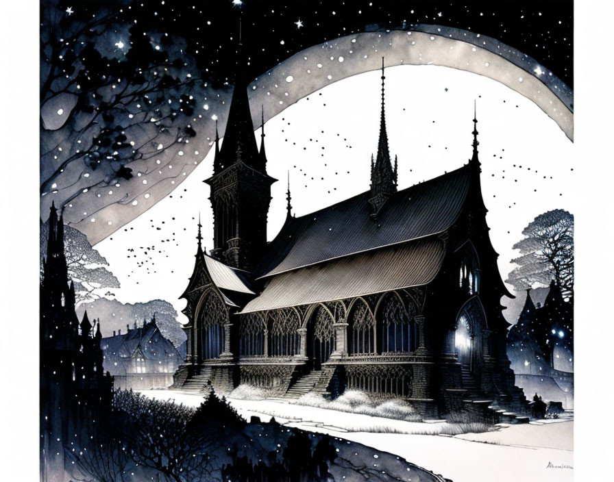 Gothic Cathedral Night Illustration with Snowy Landscape