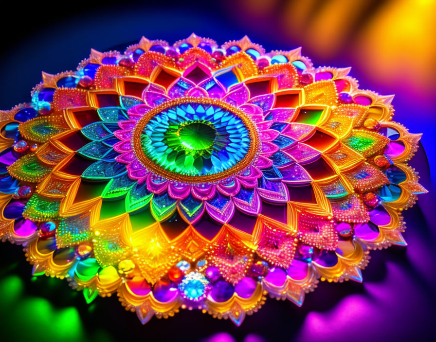Colorful Mandala with Intricate Patterns and Sparkling Jewels on Rainbow Background