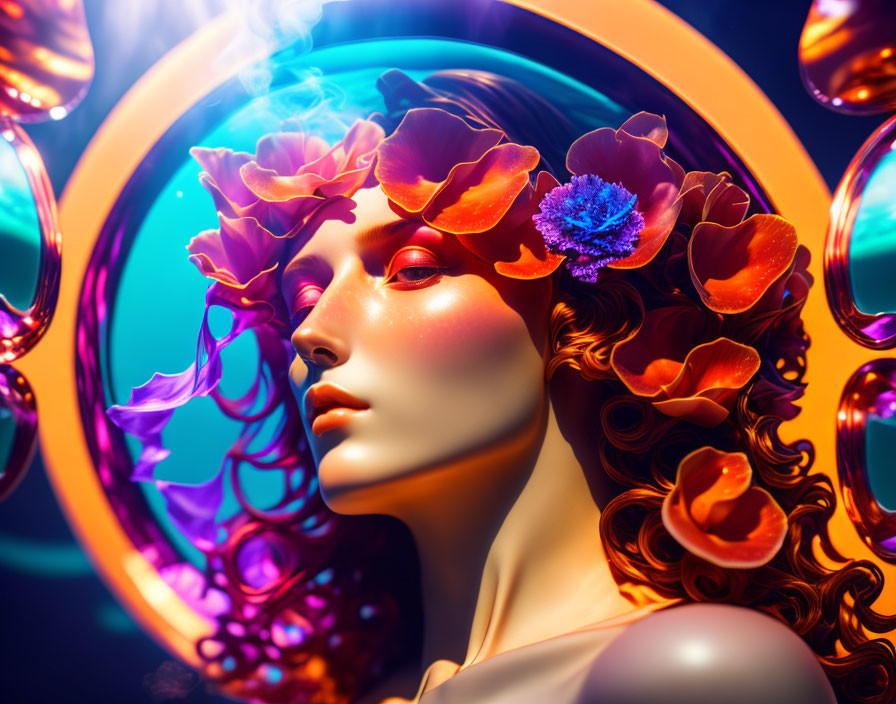 Surreal image of woman with golden skin and flowers against circular backdrop.