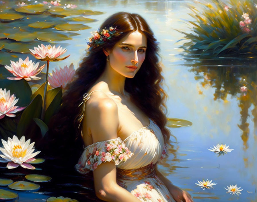 Woman with floral wreath by pond with water lilies