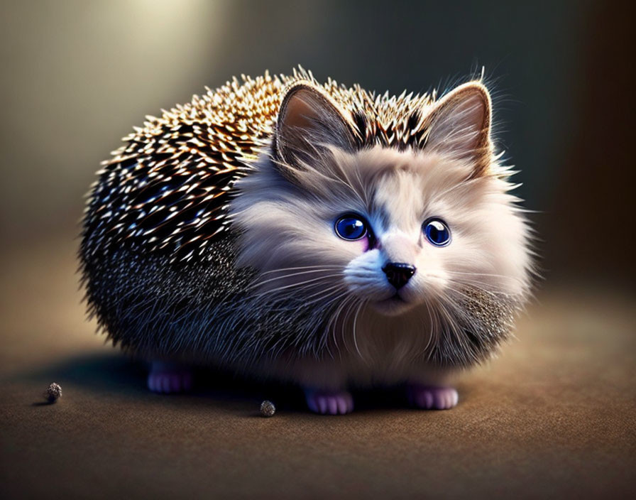 Adorable hybrid creature with hedgehog body and cat head.