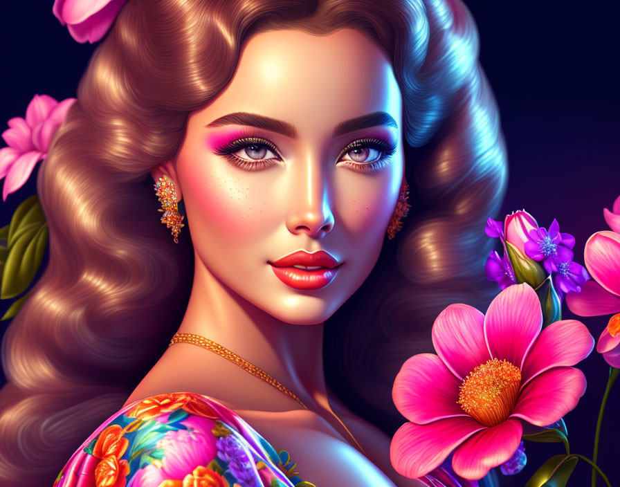 Vibrant illustration of woman with wavy hair, bright makeup, floral earrings, and surrounded by