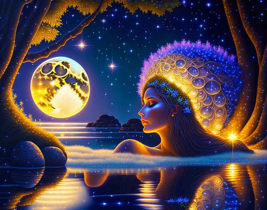 Colorful woman with peacock feather headdress admiring moon over water