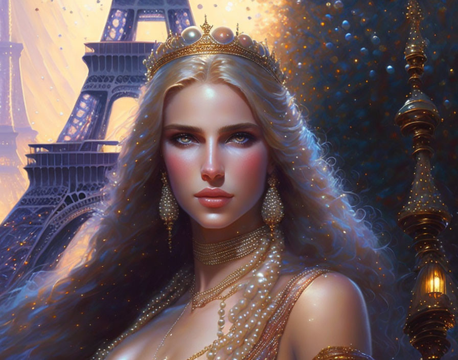 Illustrated woman with crown and jewelry in front of Eiffel Tower at twilight