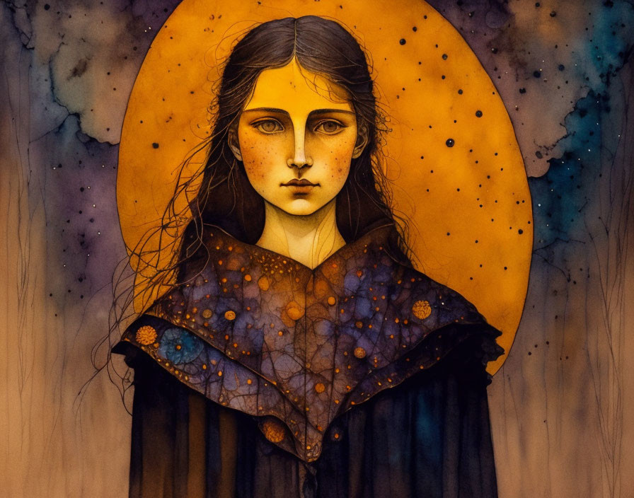 Woman in Dark Starry Cloak with Golden Halo: Watercolor Illustration
