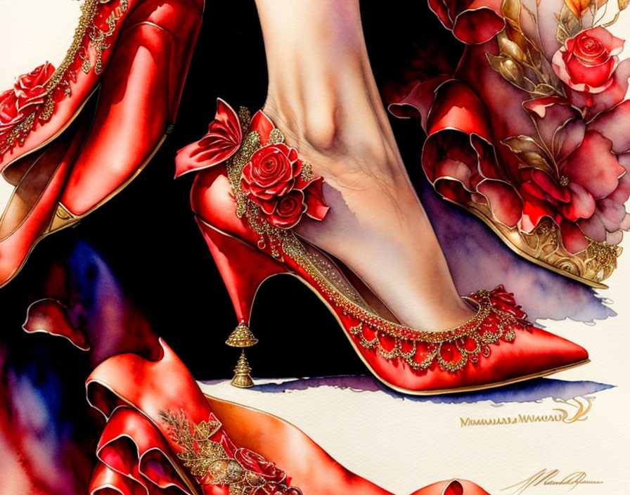 Red High-Heeled Shoes with Gold Embellishments and Roses in Watercolor Effect