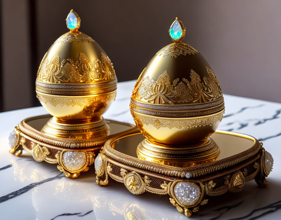 Luxurious golden eggs with jewels and intricate patterns on marble stands