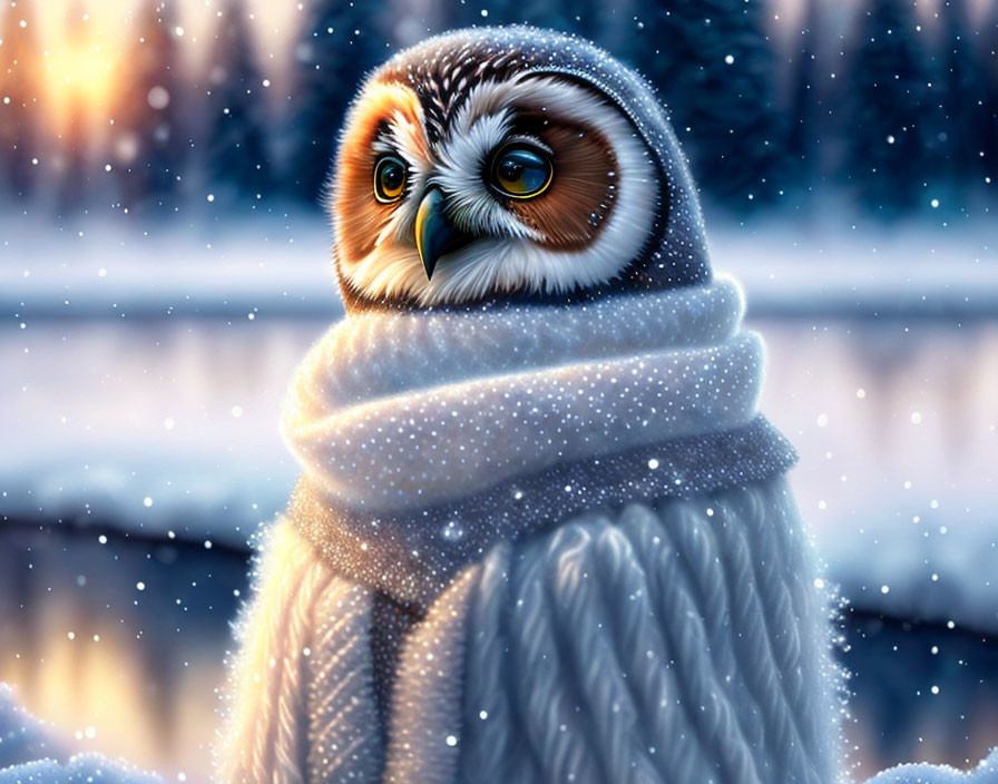 Illustrated owl in cozy scarf in snowy winter scene