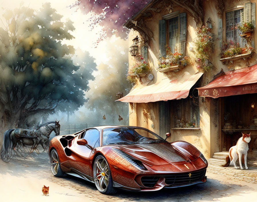 Digital scene: Red sports car, rustic building, horse-drawn carriage, cats.