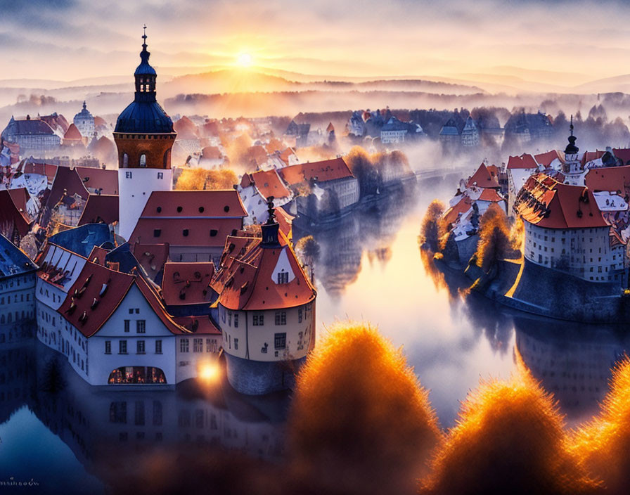 Misty European town sunrise with historical buildings and river