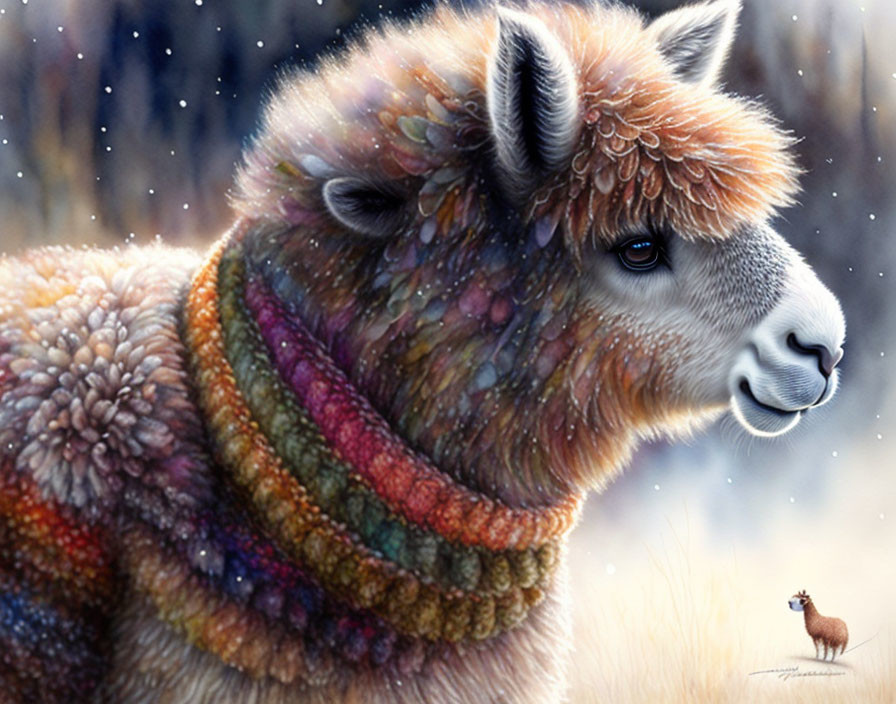 Colorful llama with striped scarf and bird in snowy scene