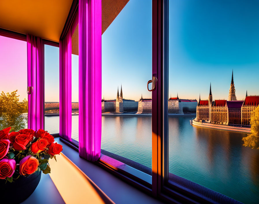 Scenic view of pink curtains, serene river, and buildings under clear sky