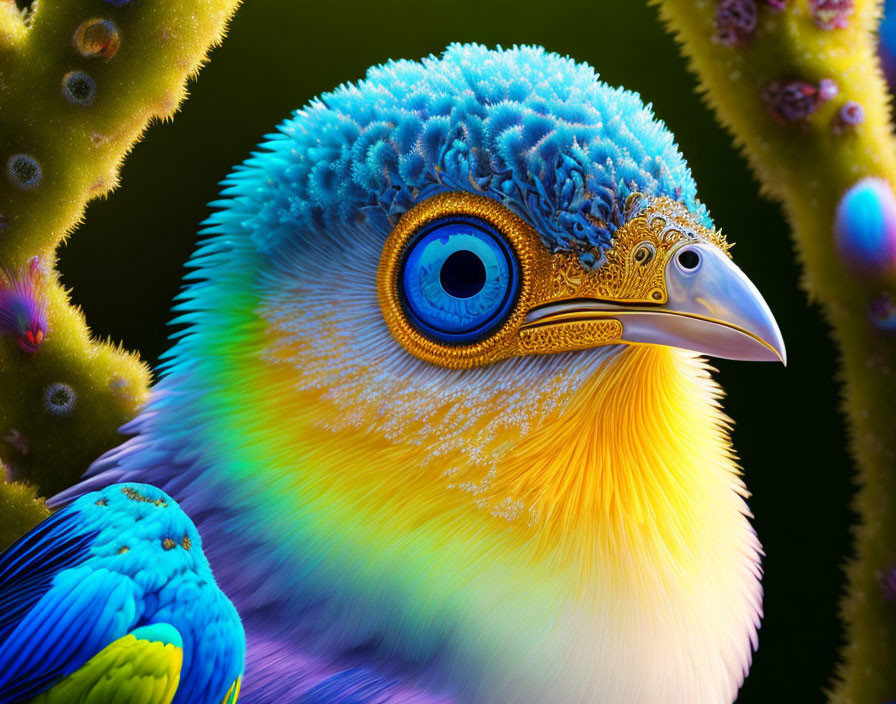 Colorful bird with blue eye and yellow beak in close-up view