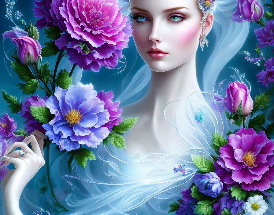 Portrait of woman with teal eyes, blue hair, and purple flowers