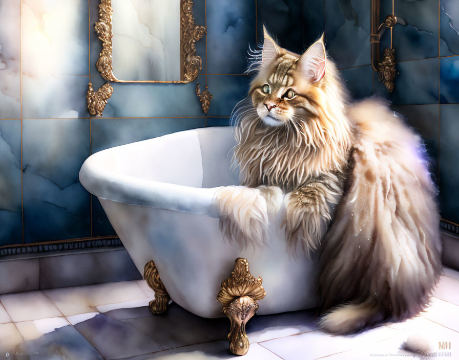 Fluffy cat with whiskers lounges in white bathtub