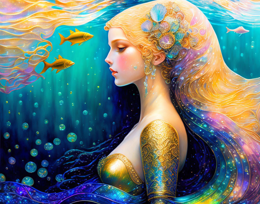 Fantasy illustration: Woman with golden tattoos and flowing hair surrounded by fish in magical underwater scene