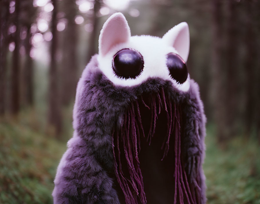 Whimsical creature costume in misty forest with large eyes and purple fur