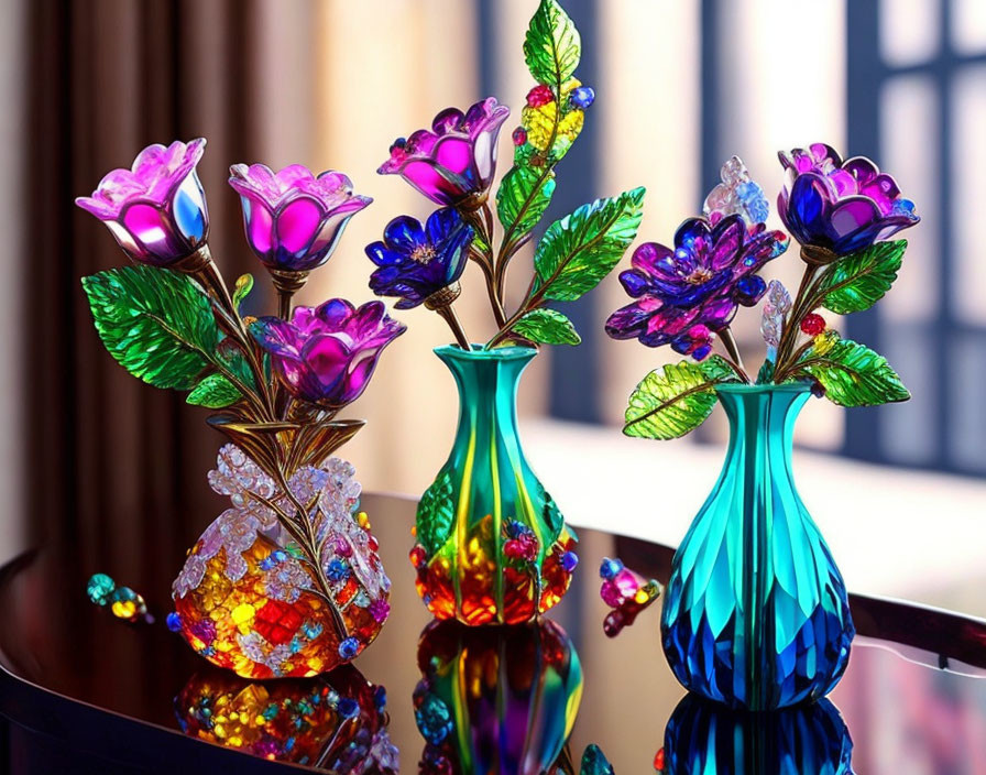 Colorful Glass Flower Sculptures Reflecting Light on Glossy Surface