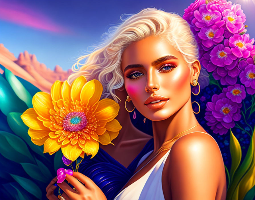 Digital artwork: Woman with platinum blonde hair holding yellow flower