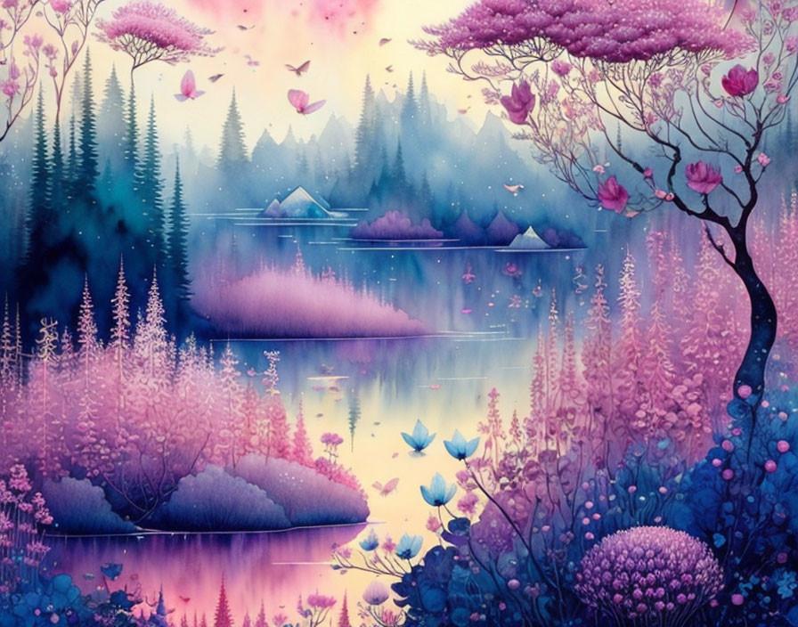 Purple Fantasy Landscape with Blossoming Trees and Serene Lake