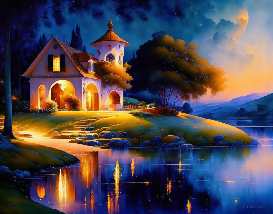 Tranquil twilight lake scene with cozy villa, glowing lights, full moon, and reflections