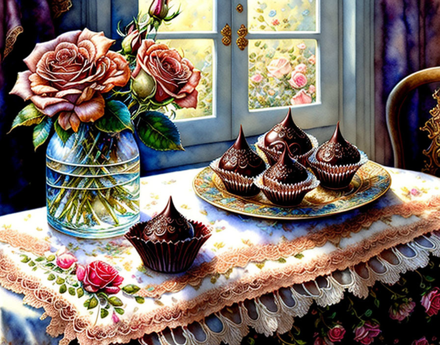 Still Life Image: Vase, Roses, Cupcakes, Chair, Window Garden View