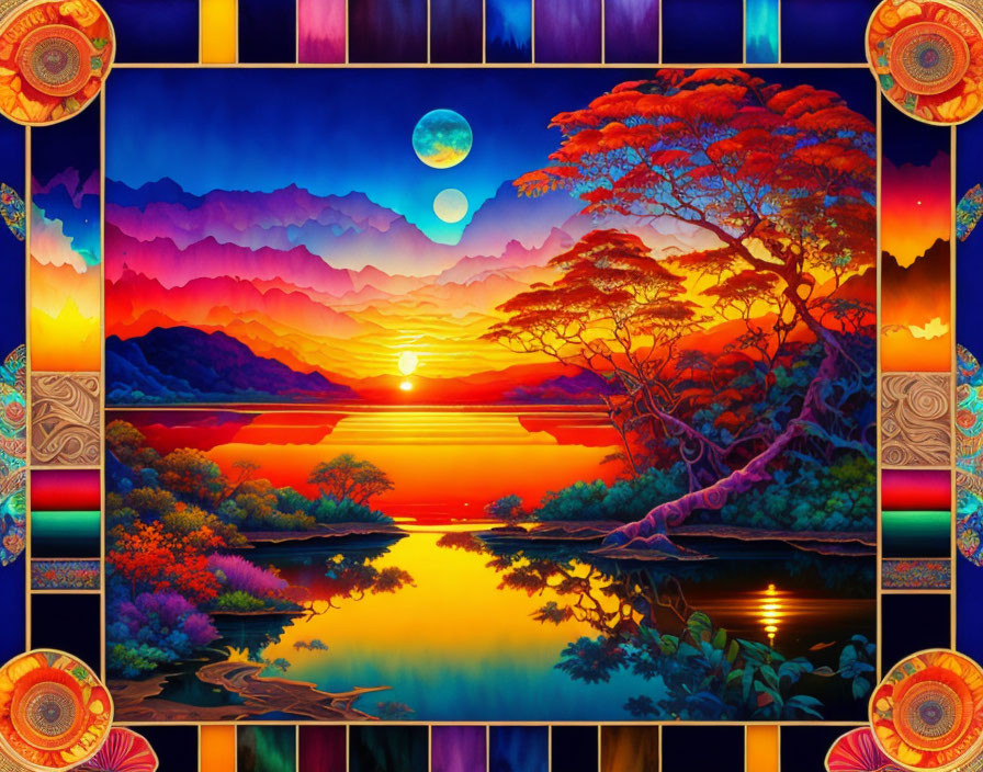 Colorful Landscape Painting: Mountains, Sunset, Moon, Stars, and Water Reflections