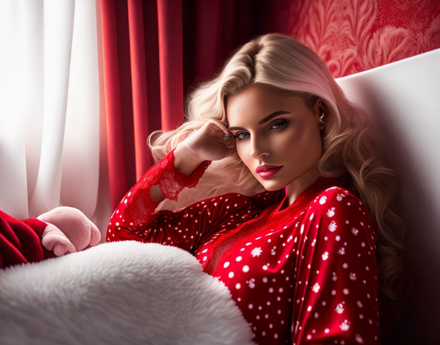 Blonde Woman in Red Polka Dot Outfit against Luxurious Red Curtains