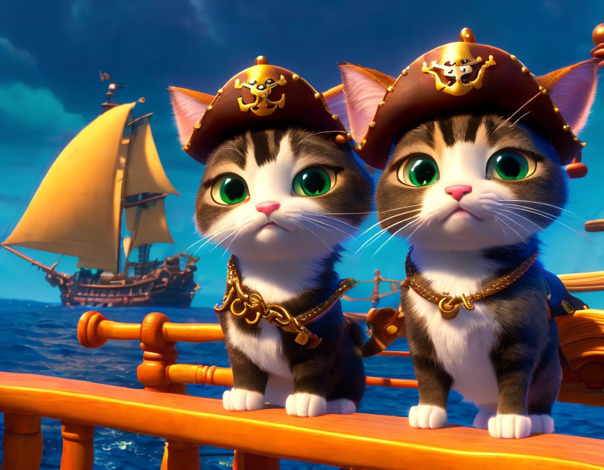 Animated kittens as pirates on a ship with a sunset backdrop