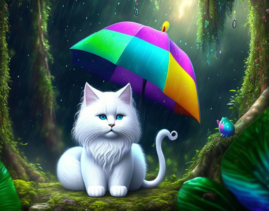 White cat with blue eyes under colorful umbrella in magical forest with birds and glowing lights